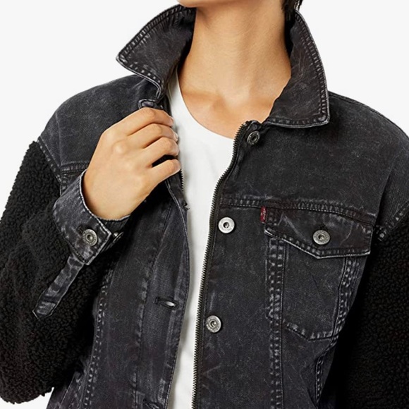 NWT Levi's Acid Wash Denim Shearling Sleeve Jacket - Picture 3 of 9